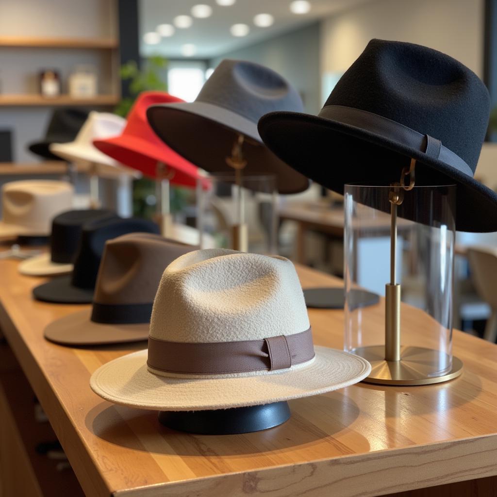 Countertop Hat Displays: Small stands and acrylic risers showcasing hats.