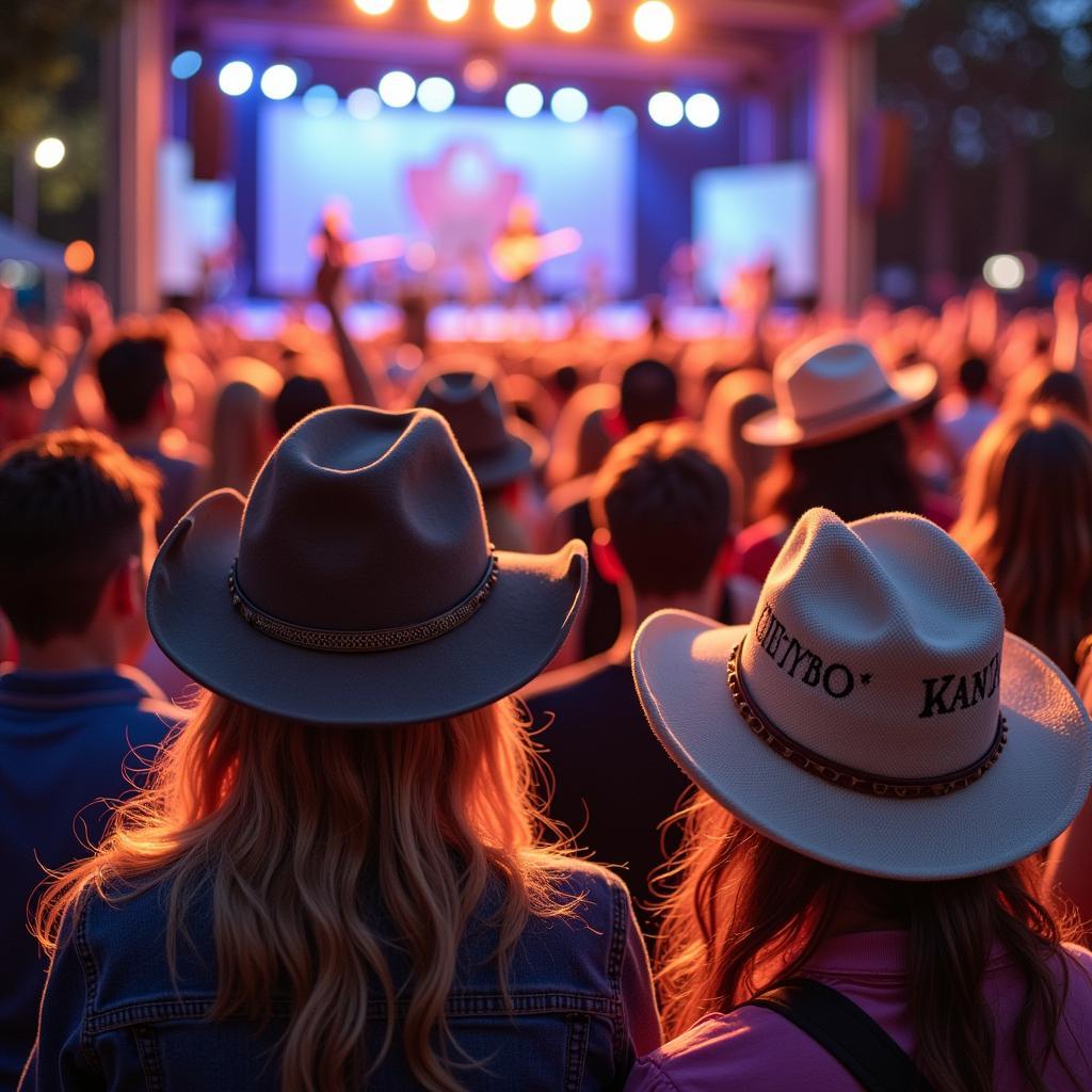 Fans sporting country music caps at a music festival.