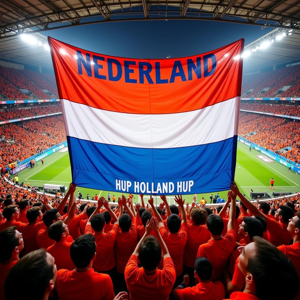 Netherlands fans proudly displaying a massive country pride fly sheet