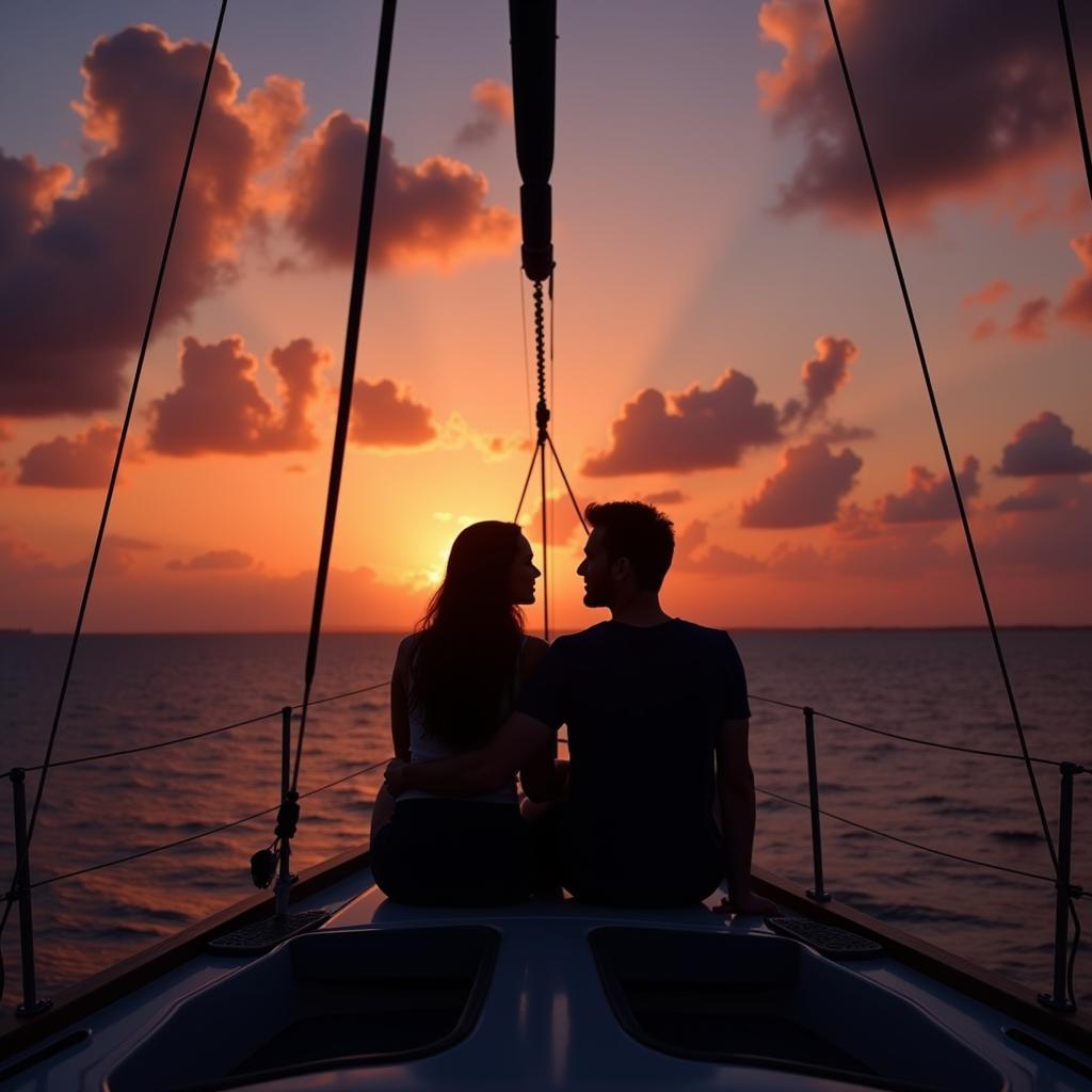 A couple silhouetted against a vibrant sunset while sitting on open bow seats