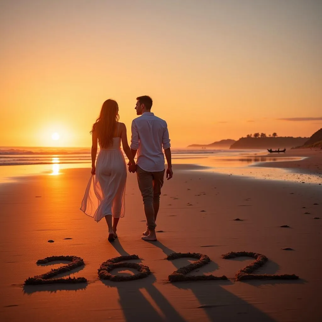 Couple holding hands on the beach at sunset with the number 2622 subtly embedded in the sand.