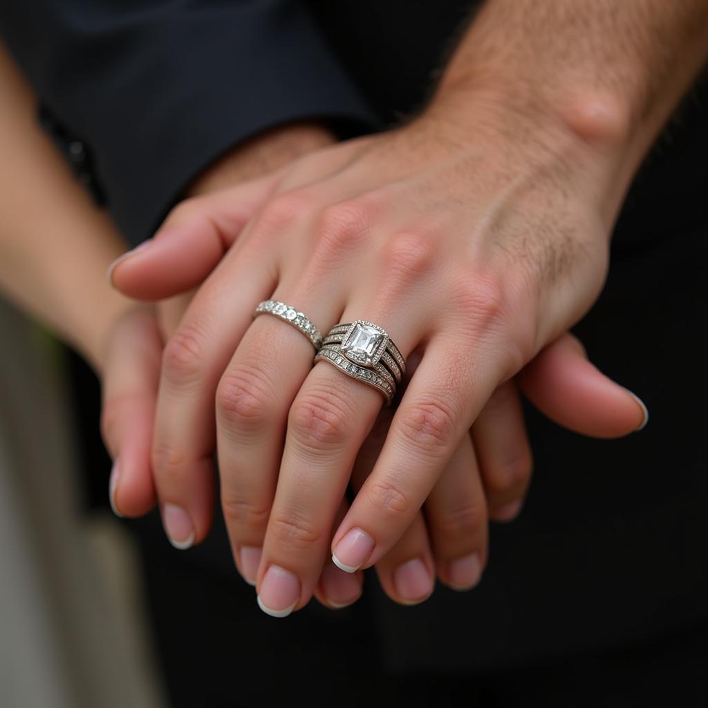 Close-up of a couple holding hands, showcasing their matching championship wedding rings