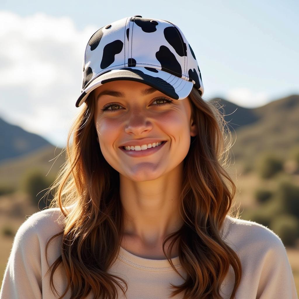 Model wearing a cow print baseball cap