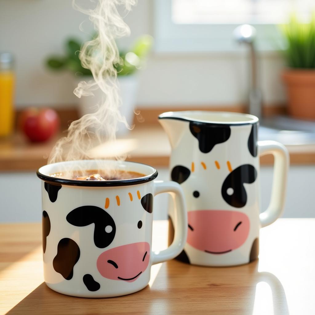 A cow-print mug and milk jug stand on a kitchen counter, ready for a delightful breakfast.