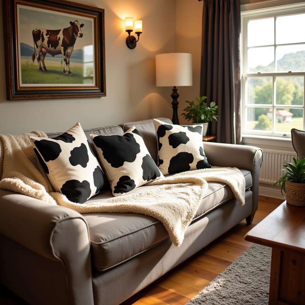 Cow-themed cushions and throws add a touch of rustic charm to a living room