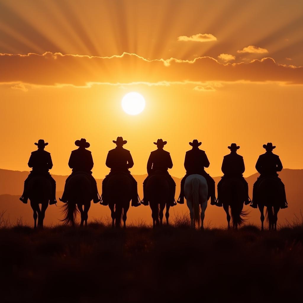 Cowboys on Horseback Wearing Hats with Ribbon Accents