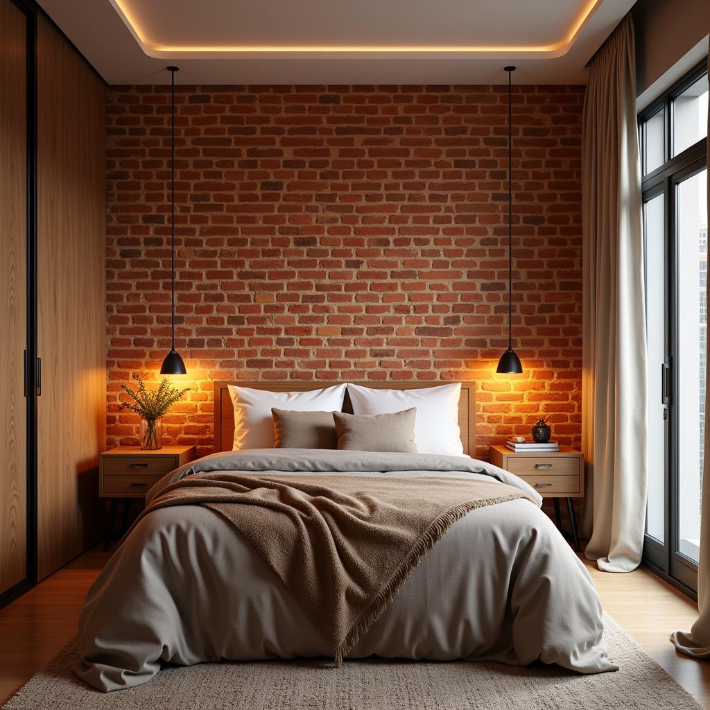 Cozy Bedroom with Exposed Brick Wall and Warm Lighting