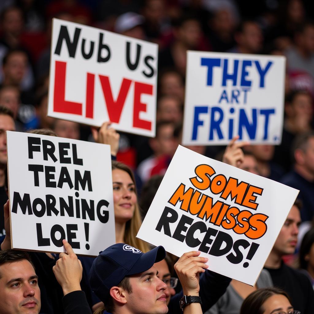 Fans showcasing unique and funny hand held signs during a football match