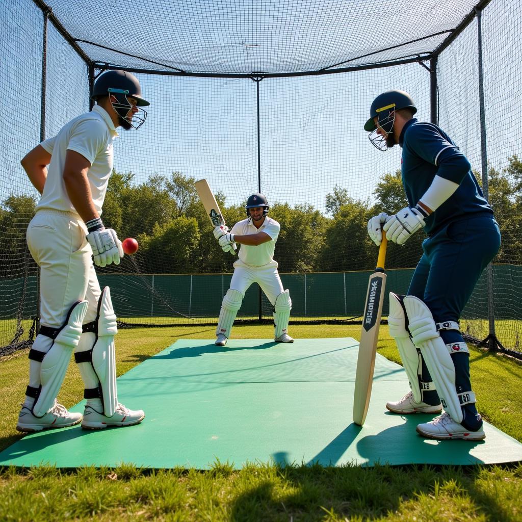 A cricketer practicing on a batting mat inside a net