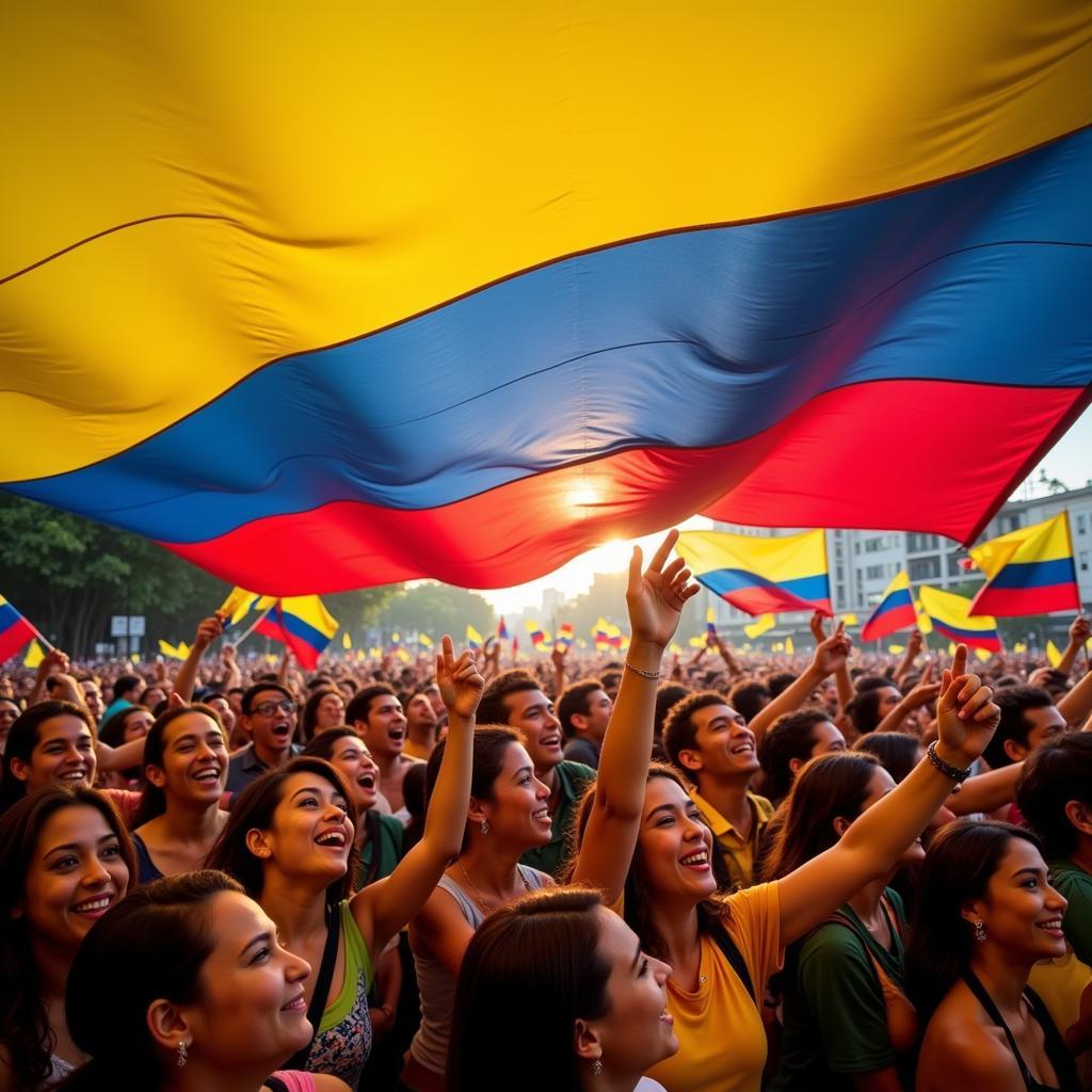 Crowd of people cheering enthusiastically under a massive Colombian flag