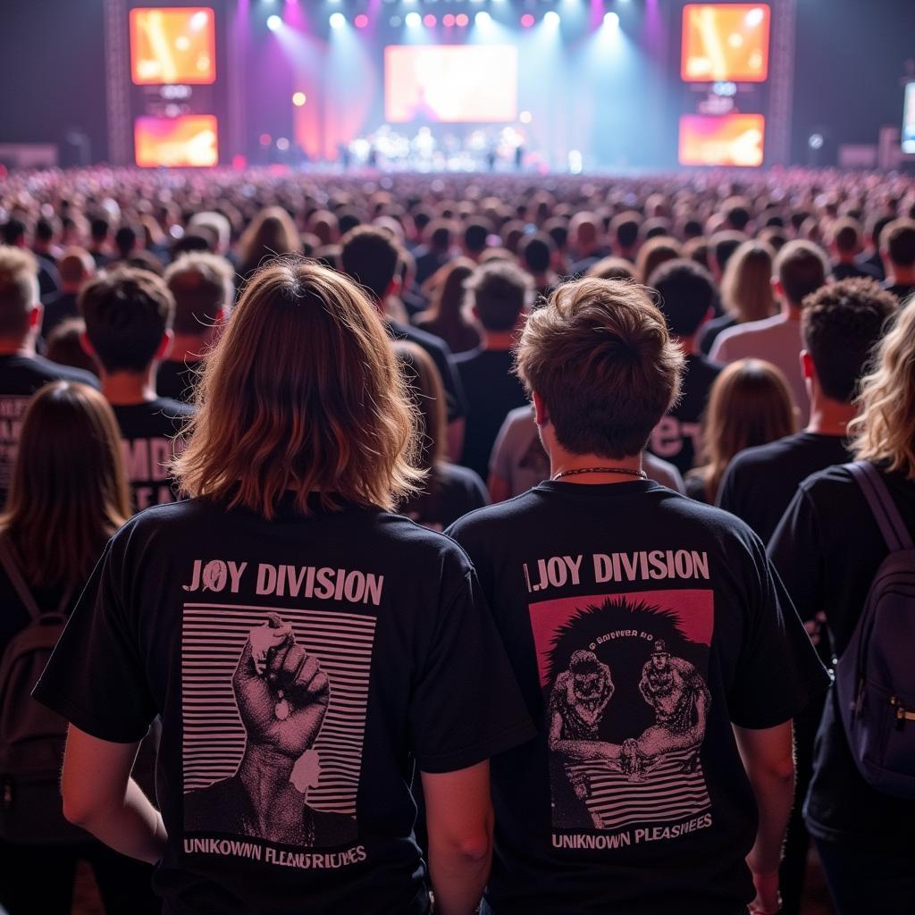 Crowd at a concert with several people wearing Joy Division t-shirts