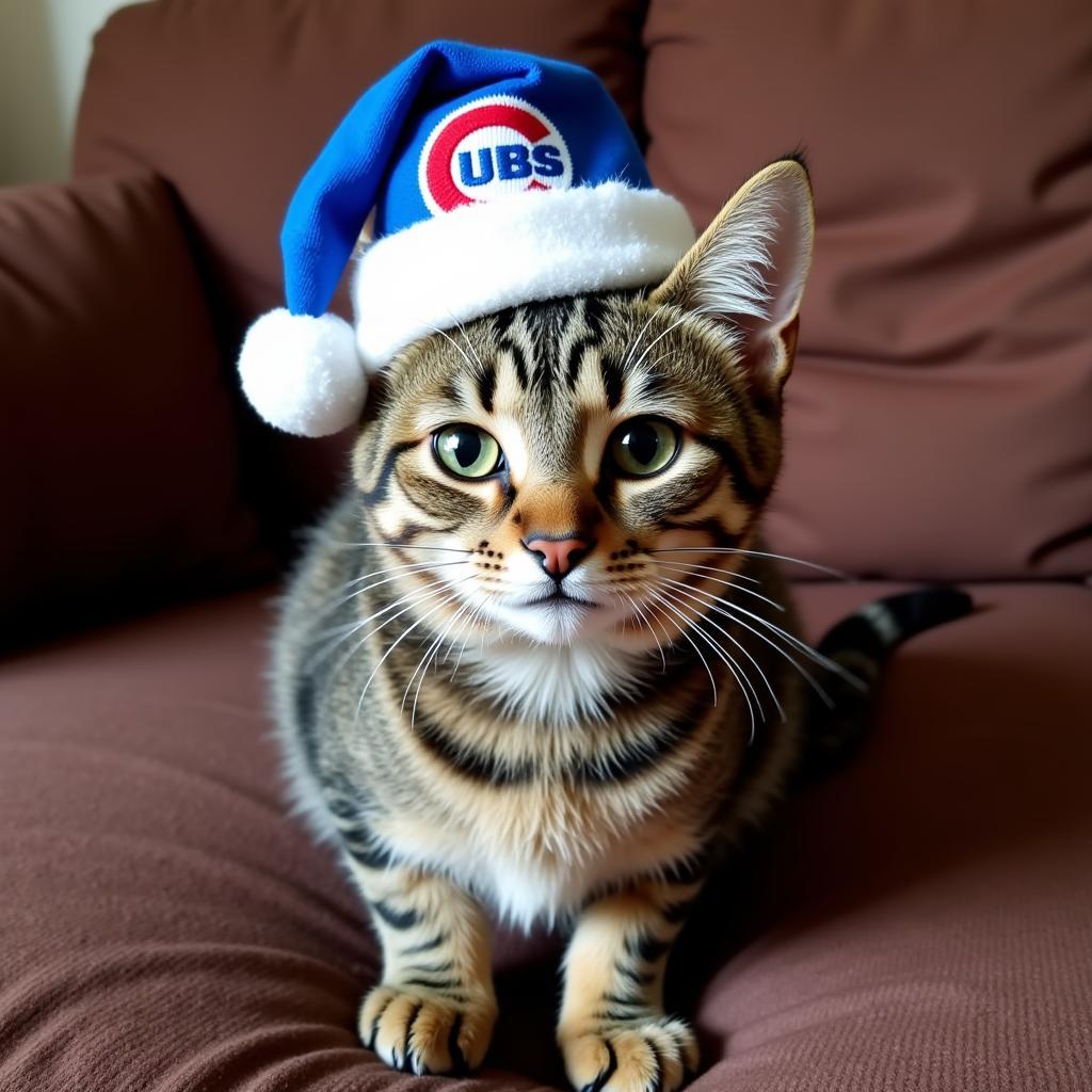 Cat Wearing a Cubs Christmas Hat