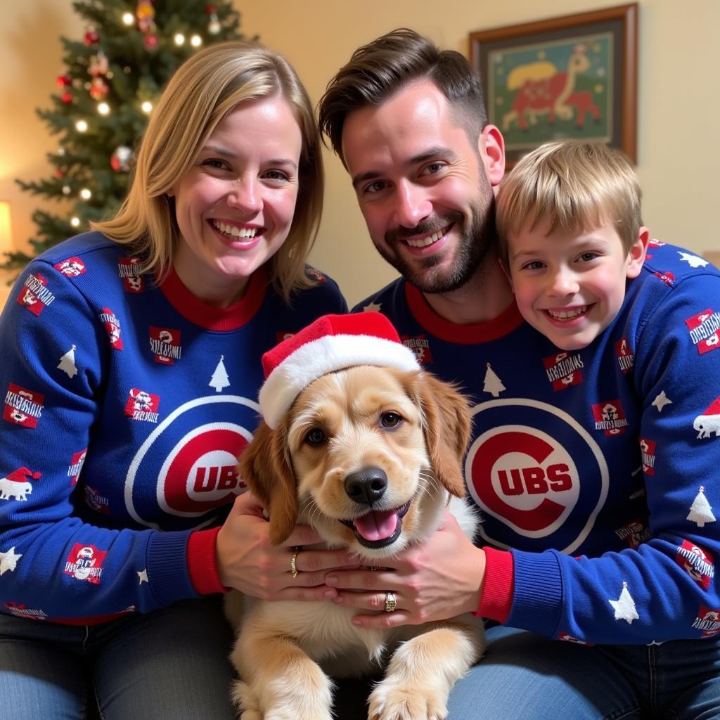 Family with Dog Wearing Cubs Christmas Hat