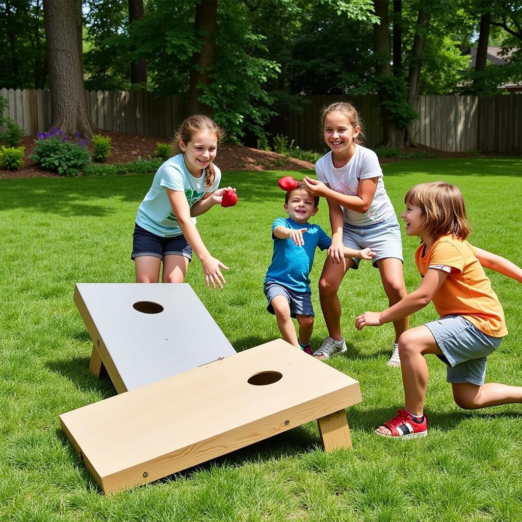 Kids Playing with a Cubs Cornhole Set