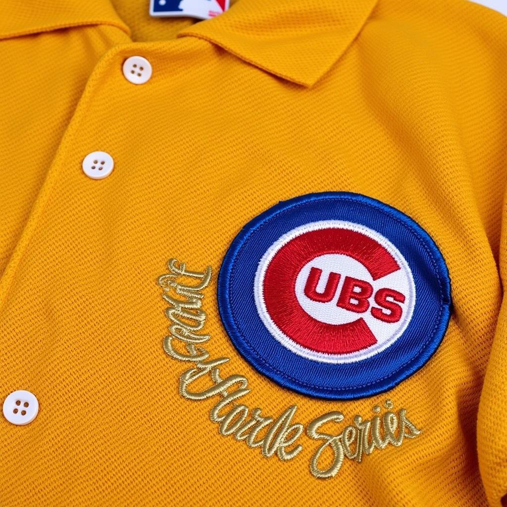 Close-up of the Cubs gold World Series jersey details