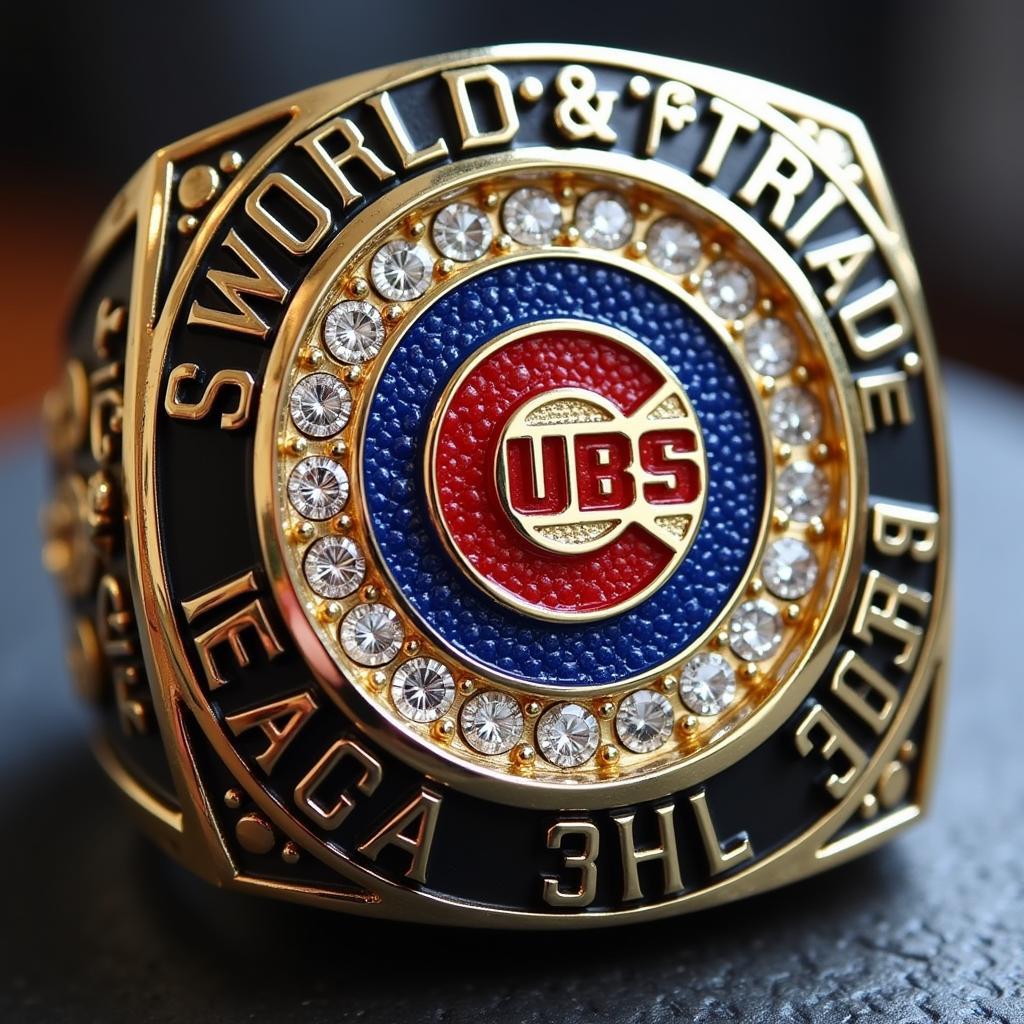 Close-up of a Cubs World Series ring replica