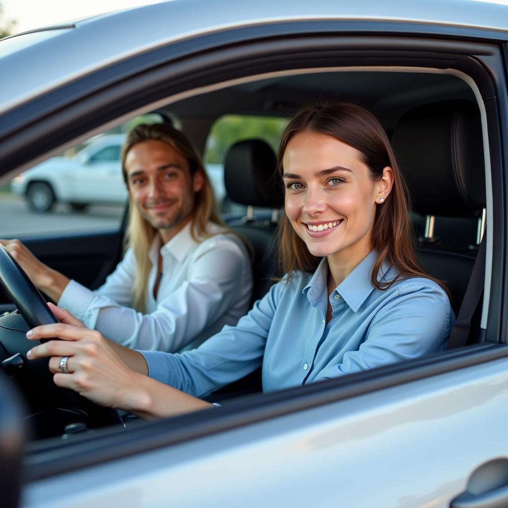 Driving examiner giving instructions to a test-taker 