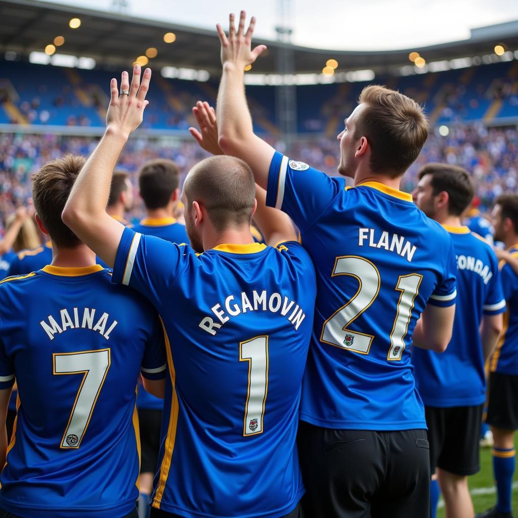 Fans sporting their custom Blues jerseys at a football match.