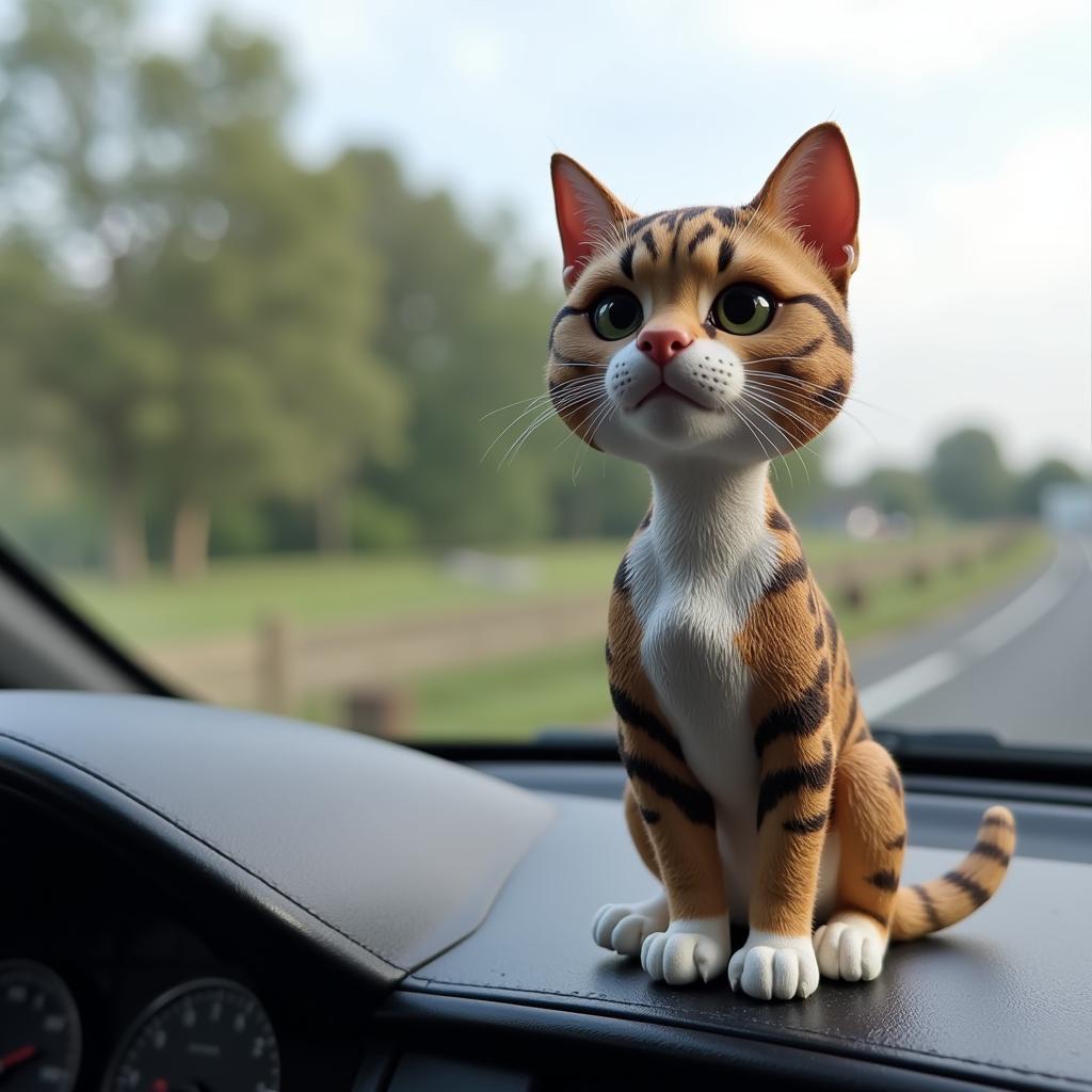 A custom bobblehead cat designed to look like the owner's pet, placed on a car dashboard