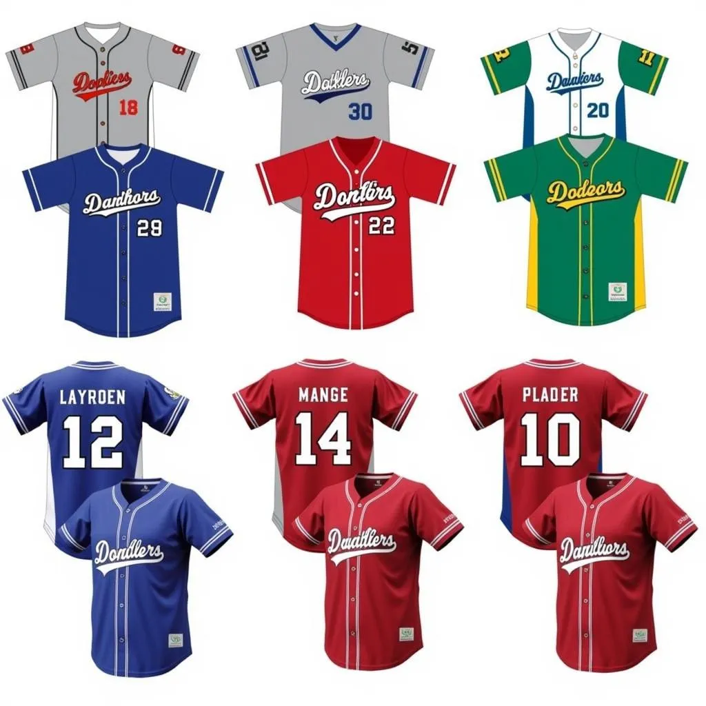 A variety of custom-designed two-button softball jerseys showcasing different colors and team logos.