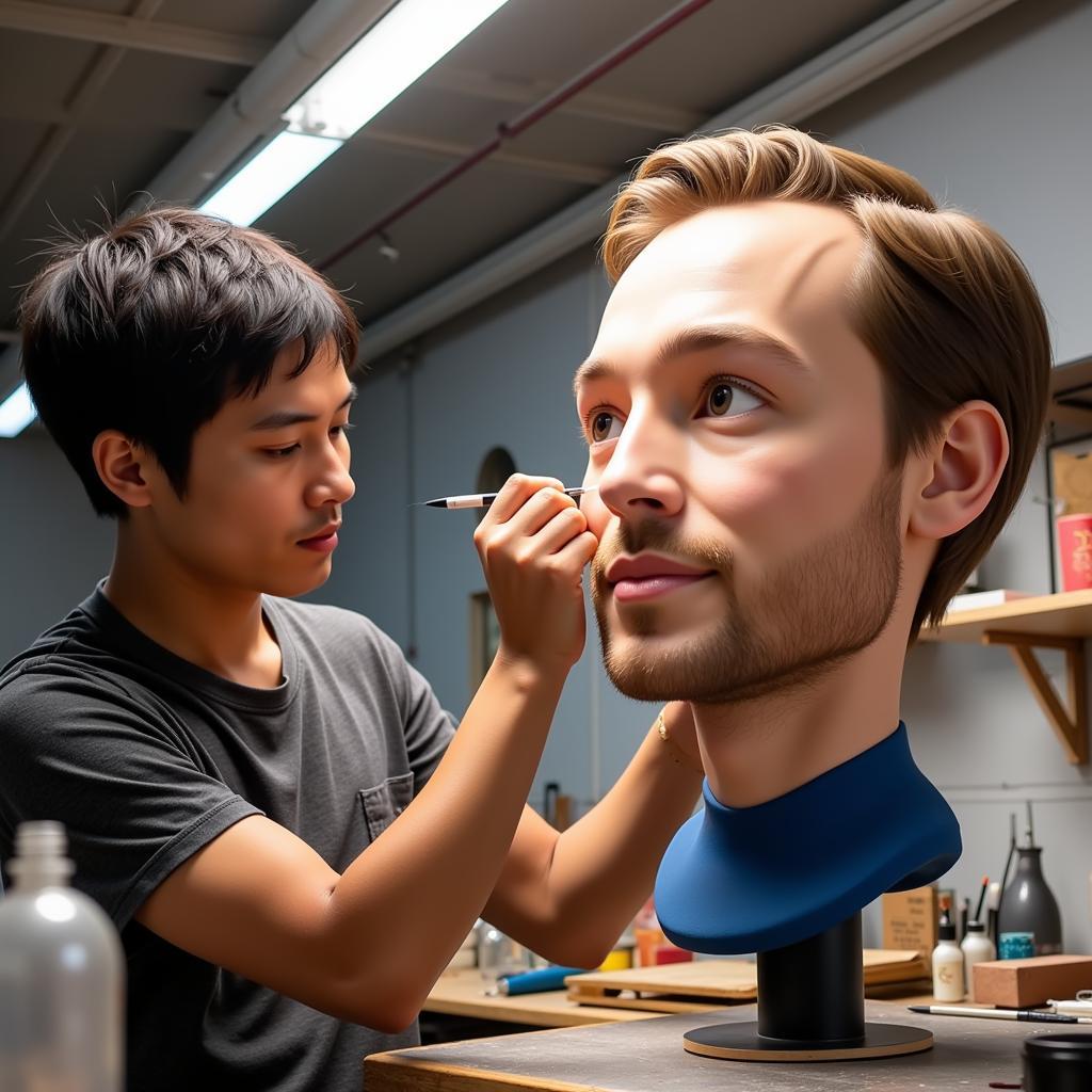 A designer perfecting a custom-made giant bobblehead