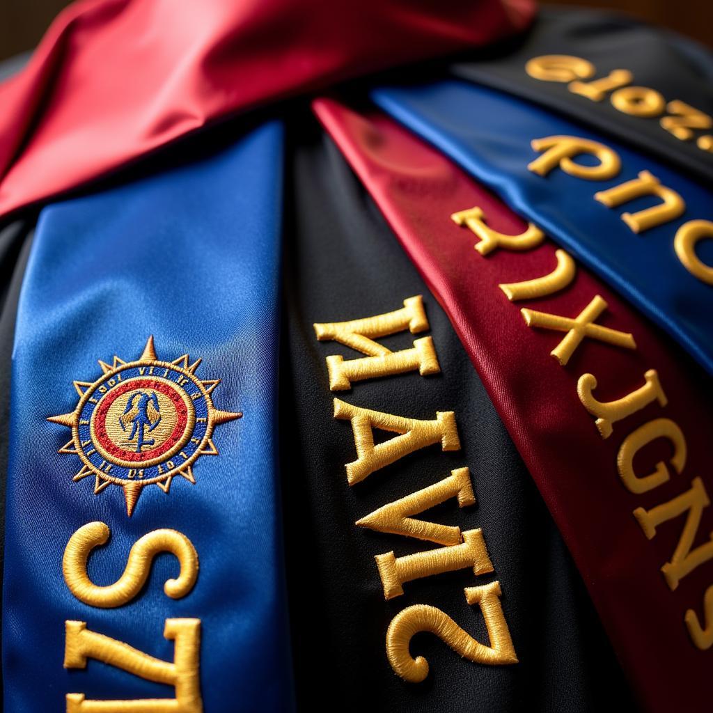 A display of various custom graduation stoles with unique designs and embellishments