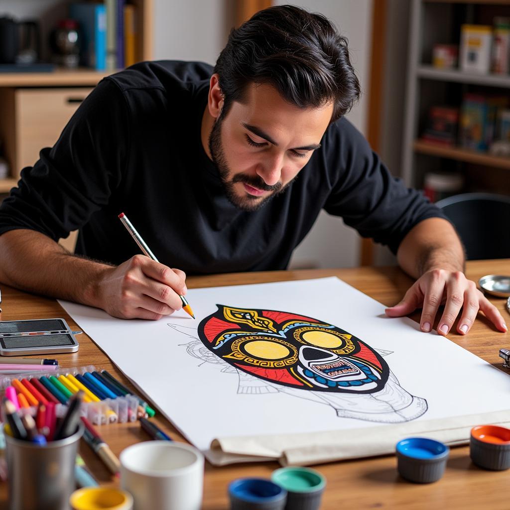 A graphic designer sketching out a vibrant luchador mask design.