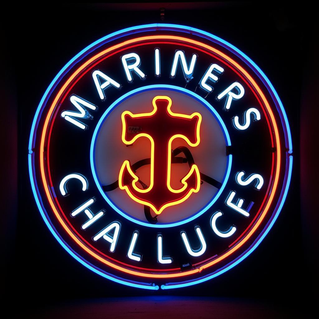 A custom-designed mariners neon sign depicting a ship's wheel and anchor