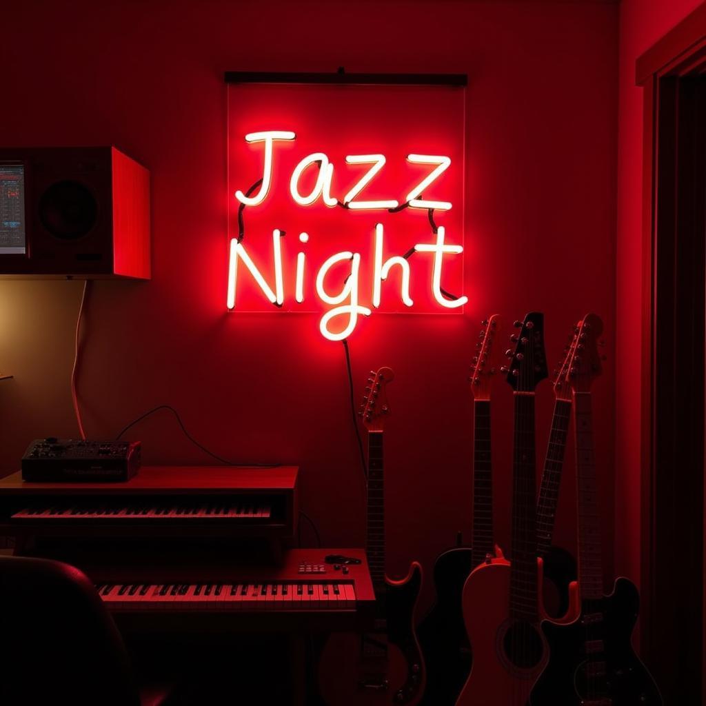 A custom-made neon sign reading "Jazz Night" in a home music studio