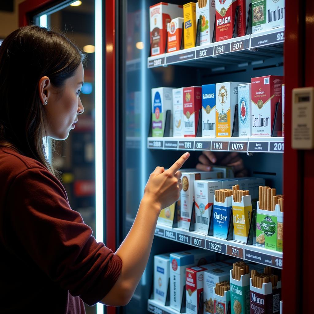 Customer using a premier cigarette machine to buy cigarettes.