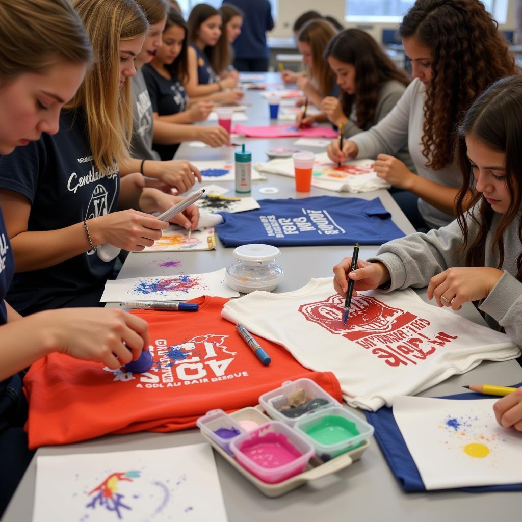 Students customizing their senior class tees with fabric paint and stencils