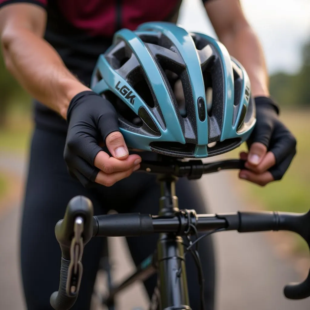 Cyclist putting on helmet before a ride