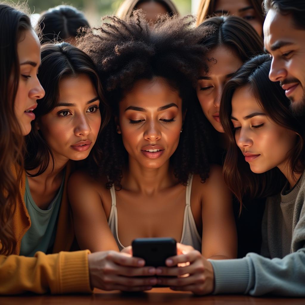 A group of friends looking disappointed while gathered around a smartphone, expressing sadness over a cancelled podcast