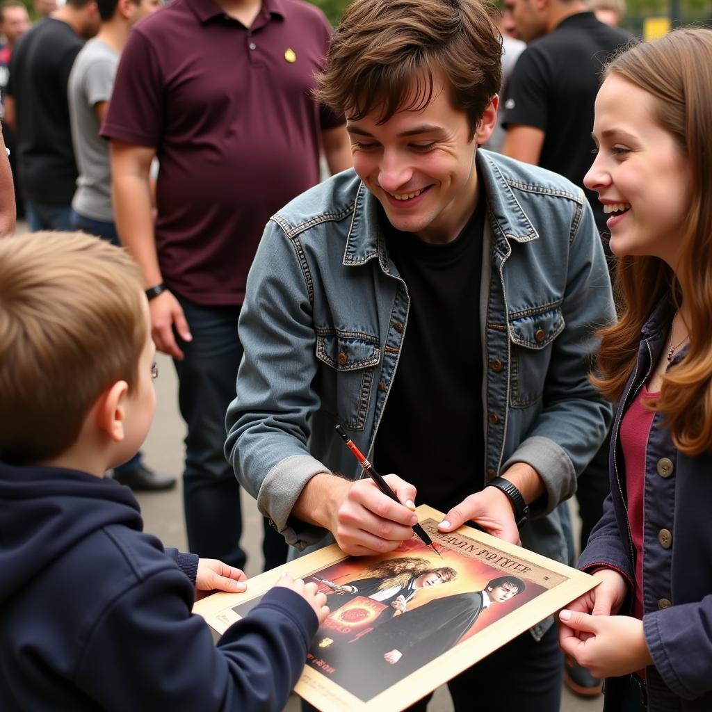 Daniel Radcliffe signing a Harry Potter movie poster at a fan event