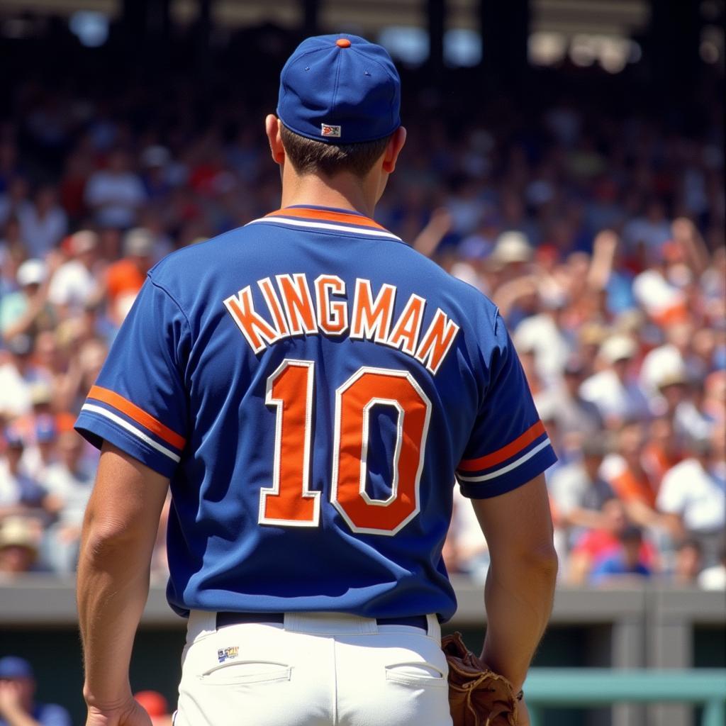 Dave Kingman swinging a bat while wearing a New York Mets jersey