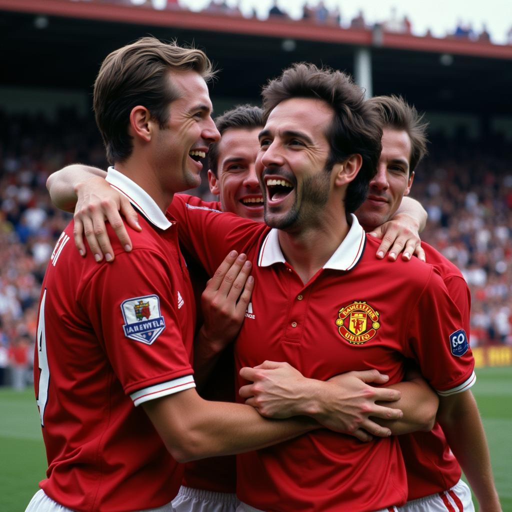 Dave McCutcheon celebrating a goal with his Manchester United teammates