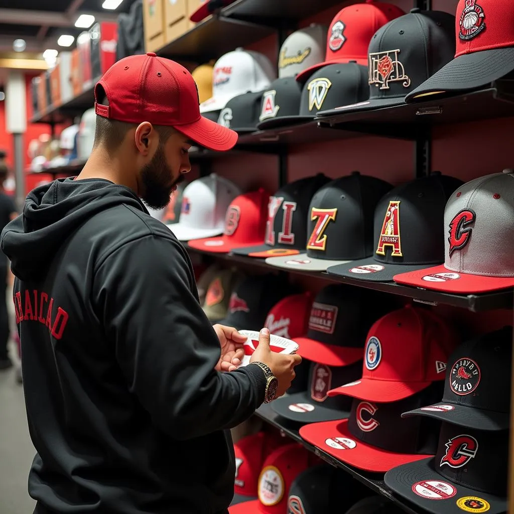 Dbacks fan contemplating different hat styles