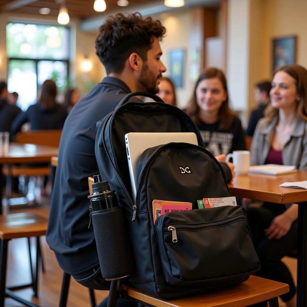 Student with books and laptop in their DC backpack black