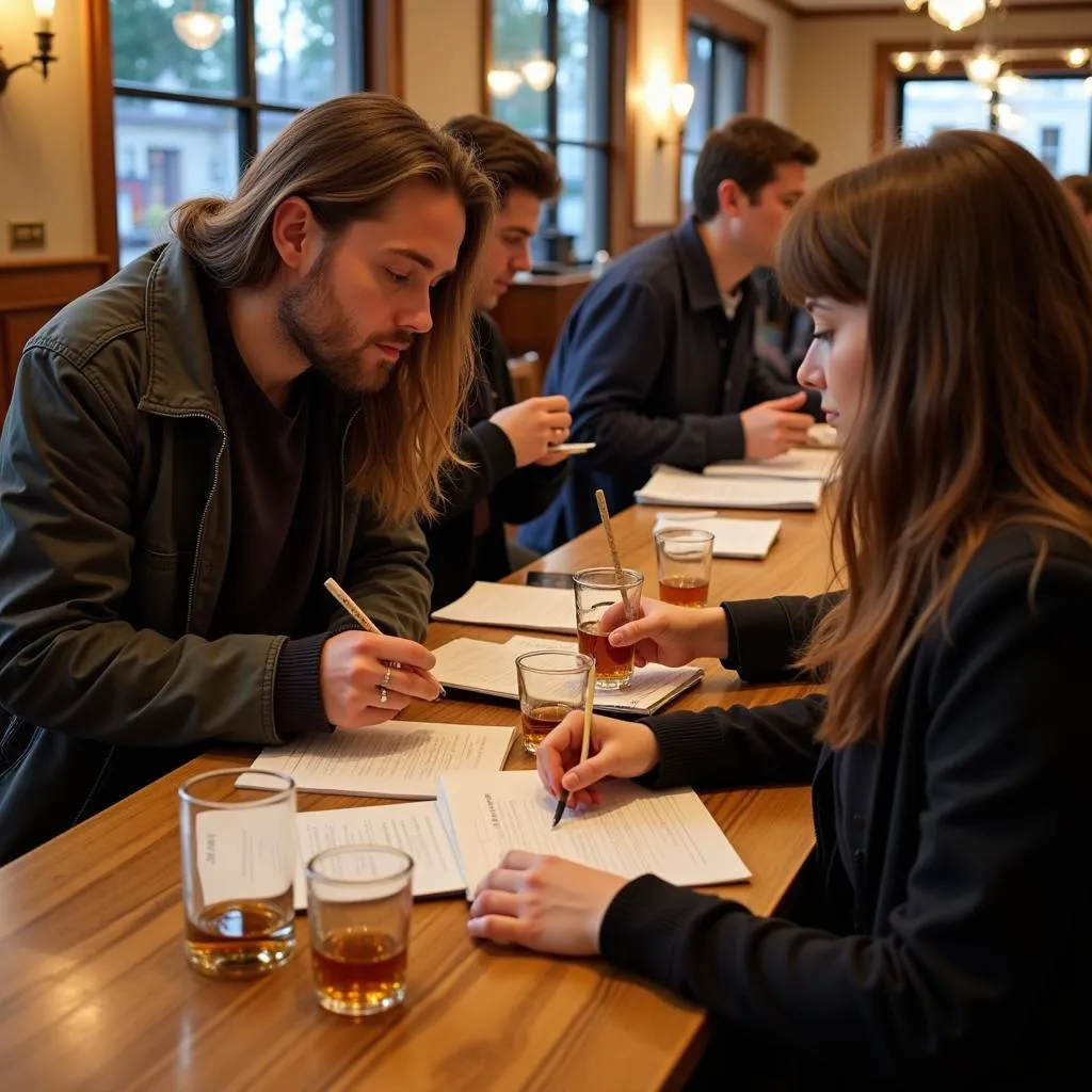 An attendee at the DC Whiskey Festival diligently taking notes during a whiskey tasting session.