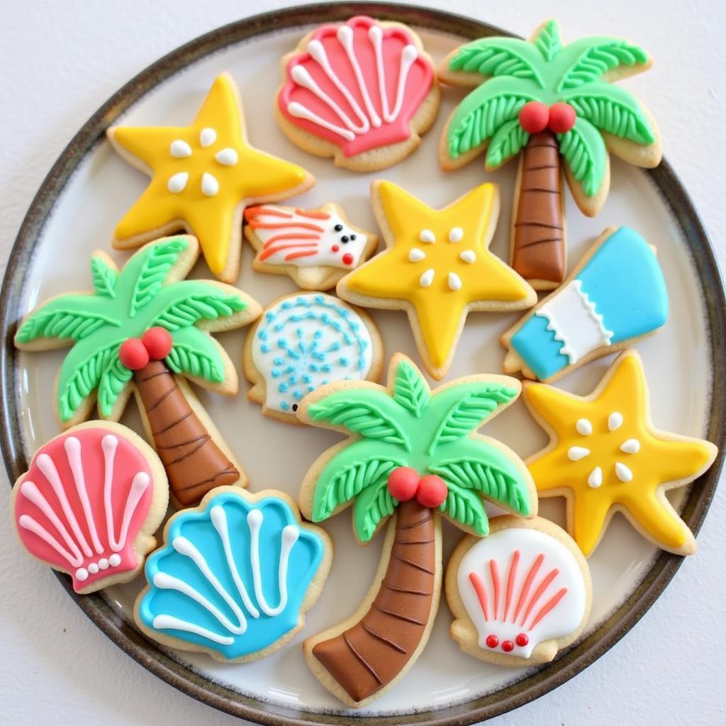 A plate of beautifully decorated beach-themed sugar cookies