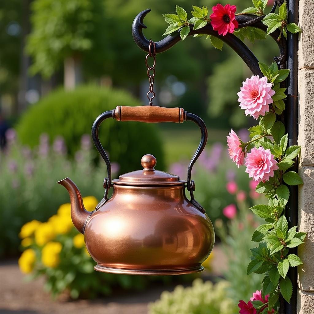 Large copper kettle used as a decorative element in a garden setting.