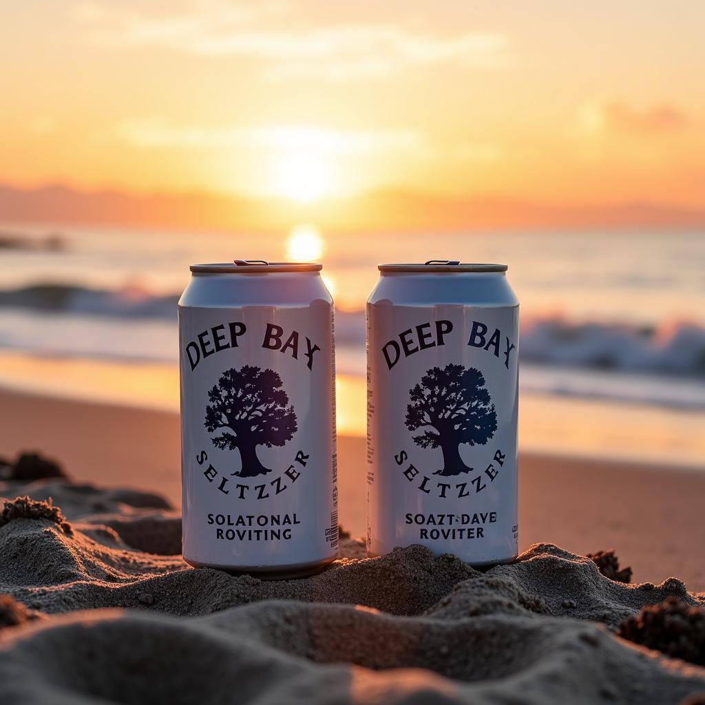 Deep Bay Seltzer Cans on a Beach at Sunset