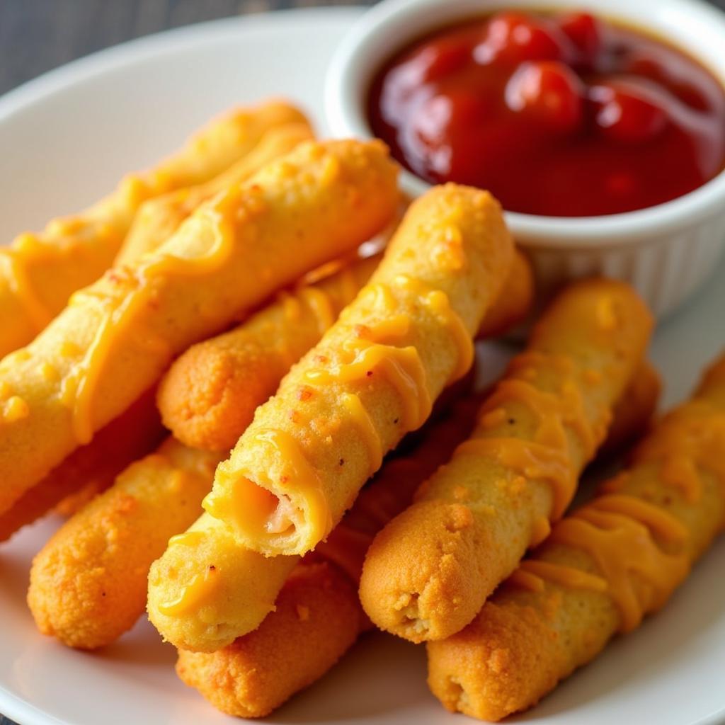 Plate of freshly made flat corn dog sticks, ready to be enjoyed.