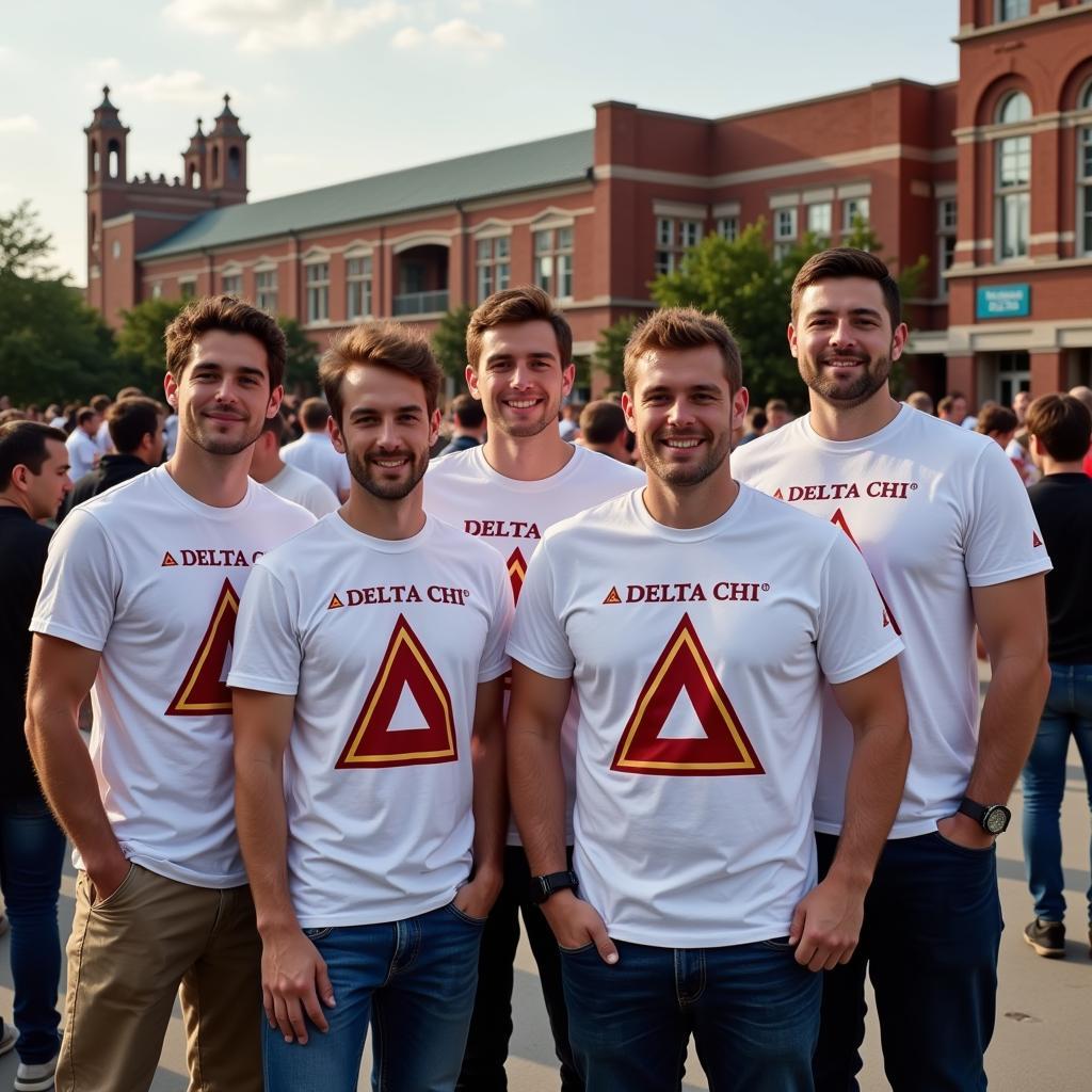 Delta Chi members wearing shirts at an event