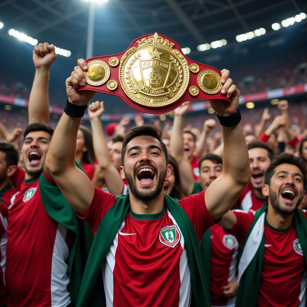 Football fans celebrating with a derby belt