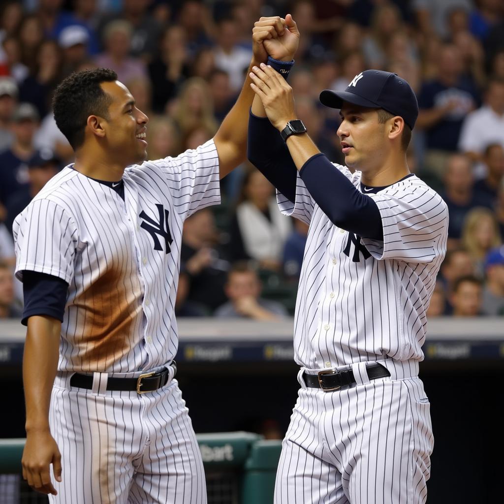 Derek Jeter celebrating a victory with his teammates, holding up his wristband as a symbol of their collective achievement.