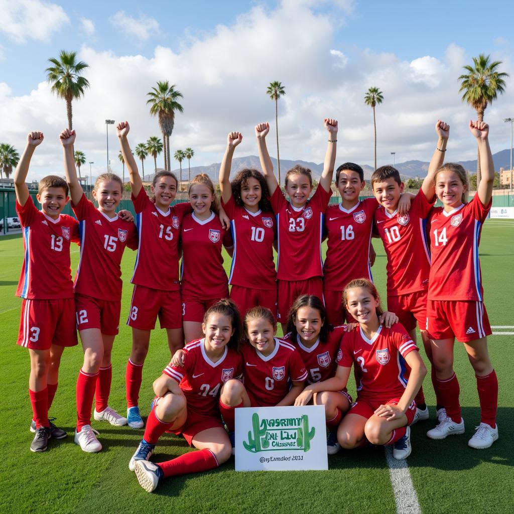 A youth soccer team celebrates a victory at the Desert Fall Classic