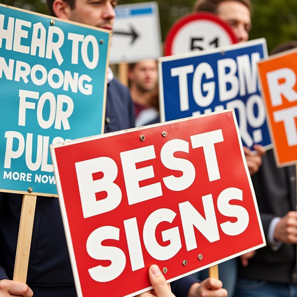 A close-up view of creatively designed hand held signs