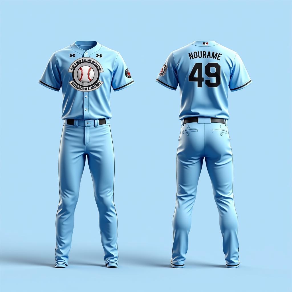 Custom-designed light blue baseball uniforms with unique fonts and logos.