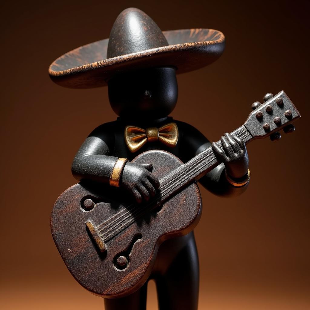 A detailed mariachi figurine meticulously carved from wood, playing the guitarron.